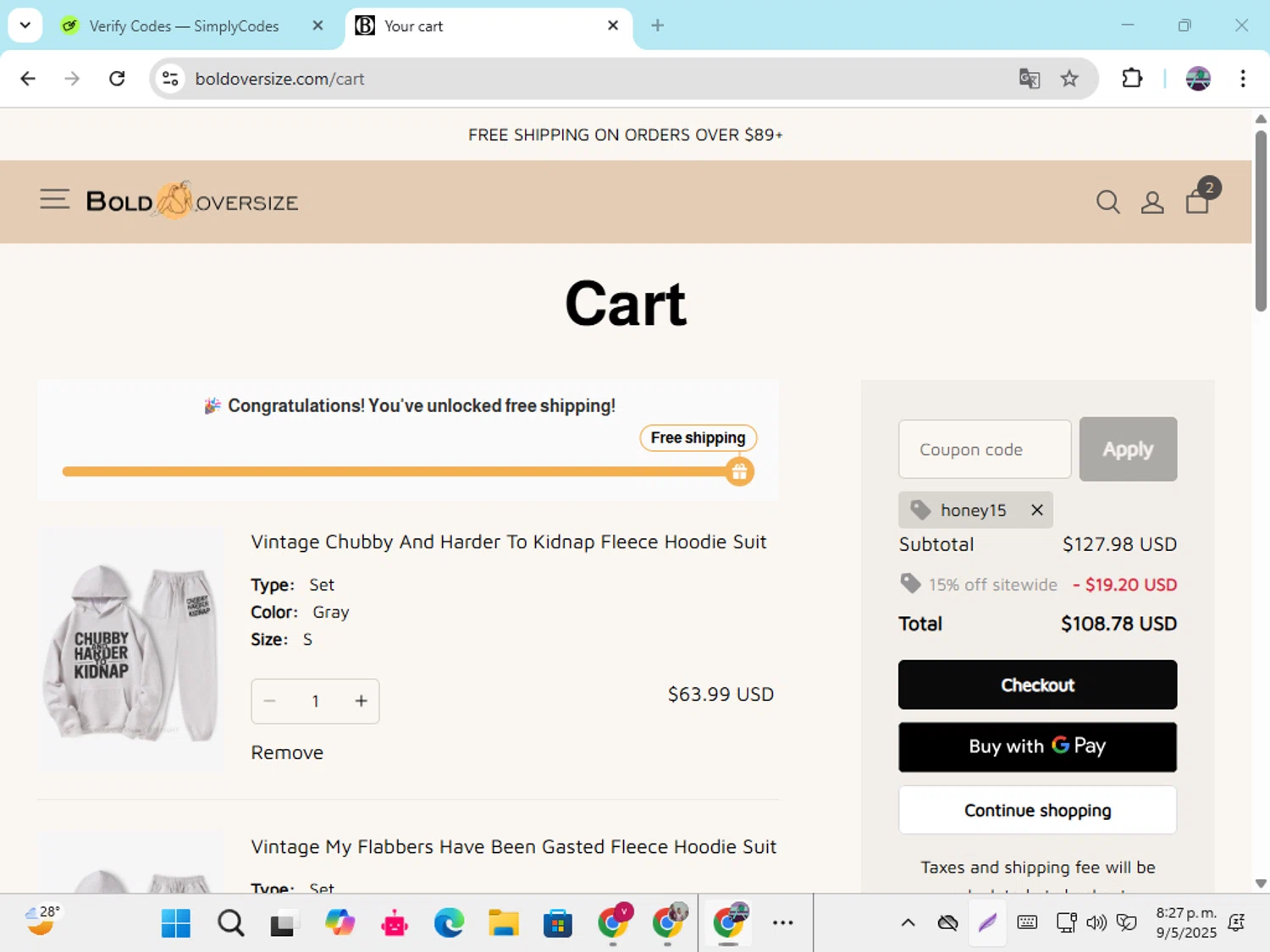 BOLDOVERSIZE promo code screenshot showing code Honey15 applied at BOLDOVERSIZE checkout page. Uploaded by SimplyCodes community member DiscountGenius6081 on May 10, 2025