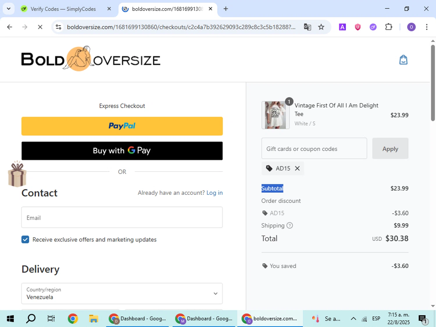 BOLDOVERSIZE promo code screenshot showing code AD15 applied at BOLDOVERSIZE checkout page. Uploaded by SimplyCodes community member BudgetHawk9503 on Aug 22, 2025