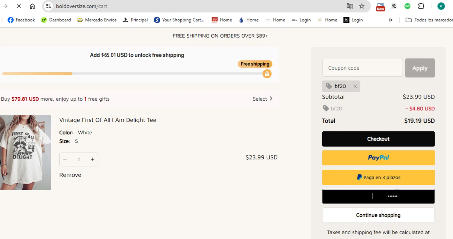 BOLDOVERSIZE promo code screenshot showing code BF20 applied at BOLDOVERSIZE checkout page. Uploaded by SimplyCodes community member anthonydiaz1 on May 24, 2025