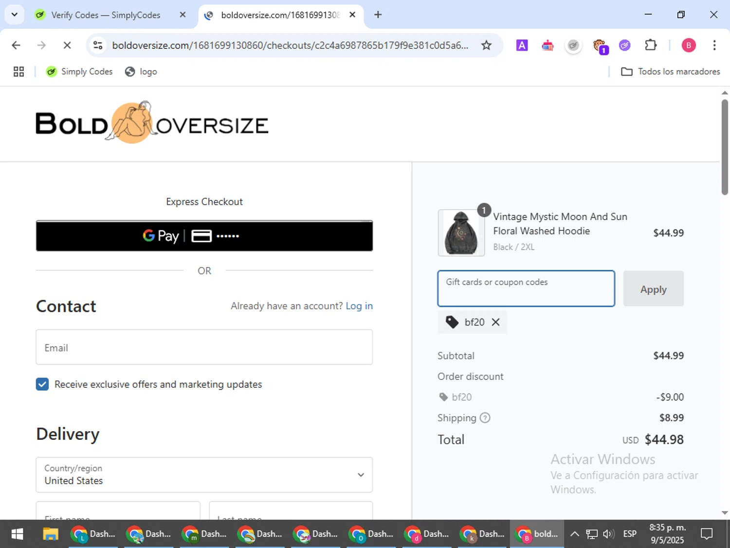 BOLDOVERSIZE promo code screenshot showing code BF20 applied at BOLDOVERSIZE checkout page. Uploaded by SimplyCodes community member bombontropical on May 10, 2025