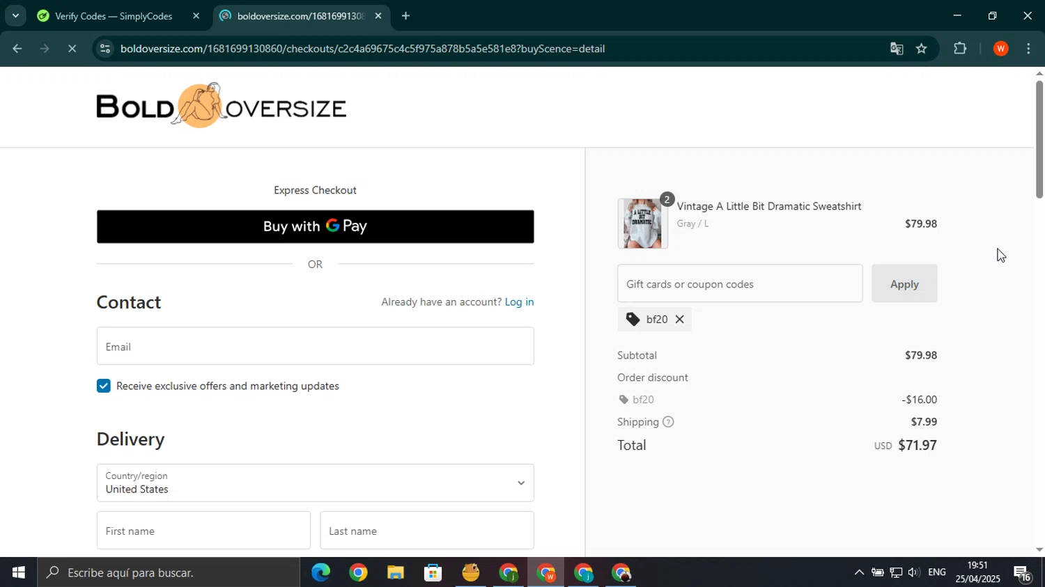 BOLDOVERSIZE promo code screenshot showing code BF20 applied at BOLDOVERSIZE checkout page. Uploaded by SimplyCodes community member wilferji on Apr 25, 2025
