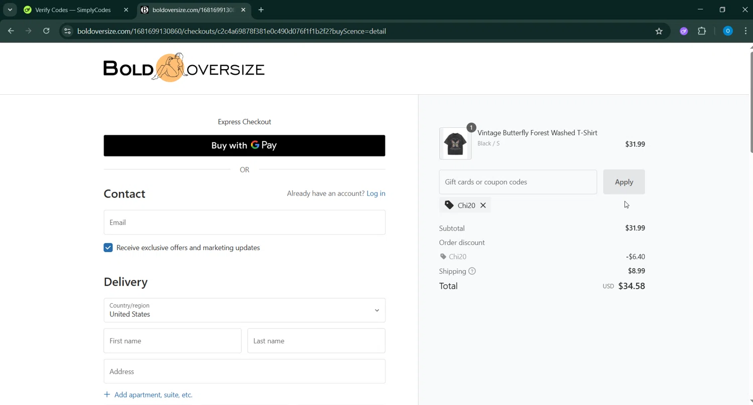 BOLDOVERSIZE promo code screenshot showing code CHI20 applied at BOLDOVERSIZE checkout page. Uploaded by SimplyCodes community member RoyalSage9159 on May 10, 2025