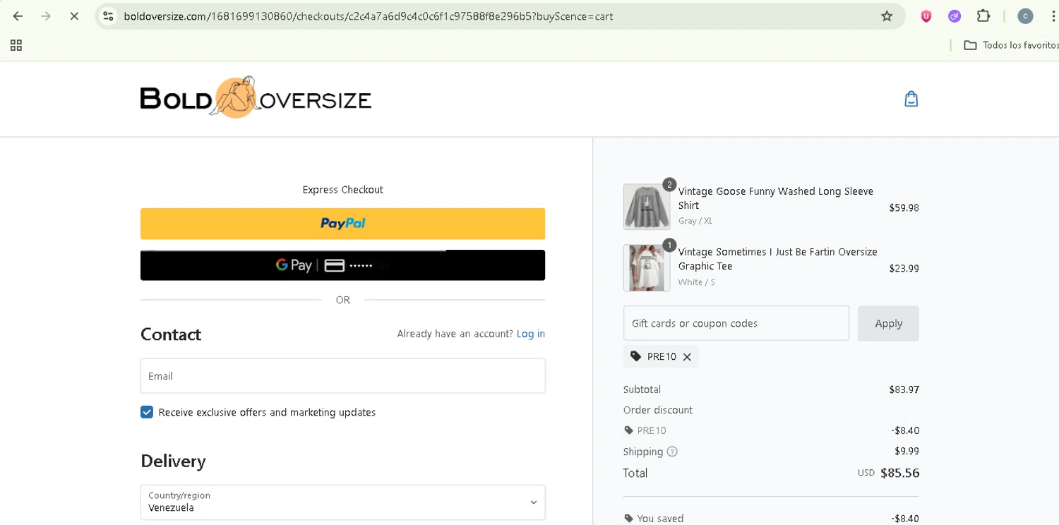 BOLDOVERSIZE promo code screenshot showing code PRE10 applied at BOLDOVERSIZE checkout page. Uploaded by SimplyCodes community member NobleSentinel8535 on Jul 1, 2025