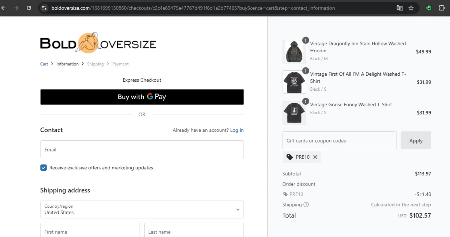 BOLDOVERSIZE promo code screenshot showing code PRE10 applied at BOLDOVERSIZE checkout page. Uploaded by SimplyCodes community member RoyalSpotter5217 on Apr 12, 2025