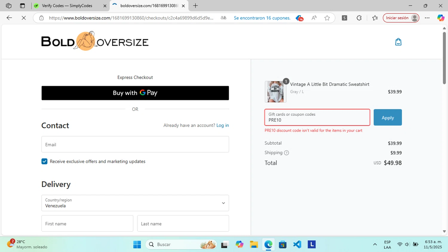 BOLDOVERSIZE promo code screenshot showing code PRE10 applied at BOLDOVERSIZE checkout page. Uploaded by SimplyCodes community member RoyalGenius9299 on May 11, 2025