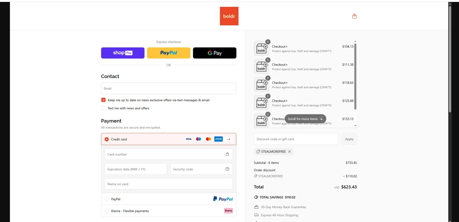BOLDR Home promo code screenshot showing code stealmorefree applied at BOLDR Home checkout page. Uploaded by SimplyCodes community member suppahdealz on May 12, 2025