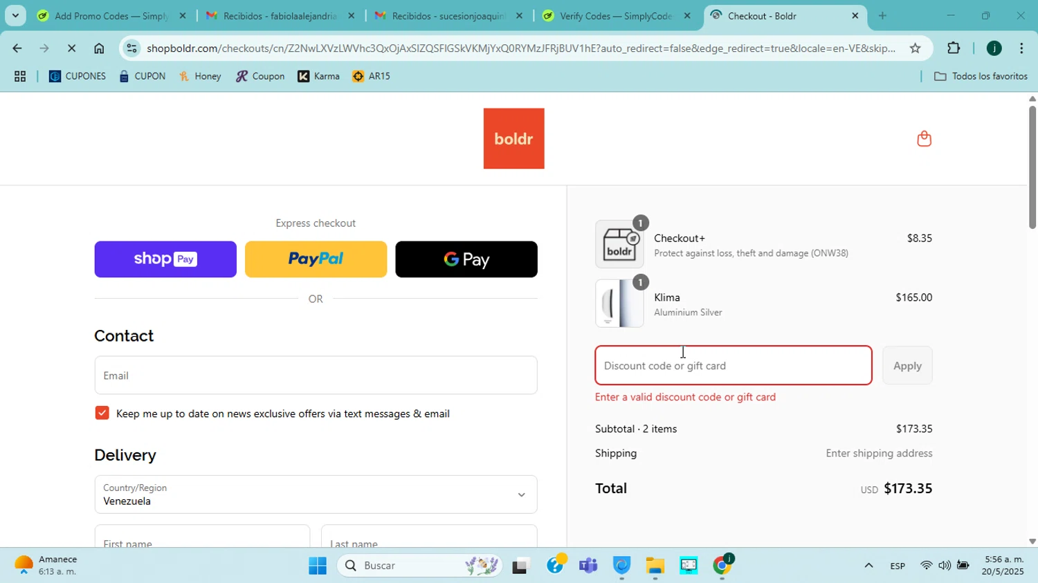 BOLDR Home promo code screenshot showing code instantvaluescore applied at BOLDR Home checkout page. Uploaded by SimplyCodes community member jorgejavierherrera on May 20, 2025