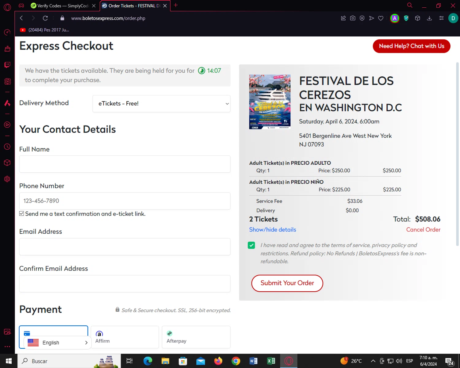 BoletosExpress checkout page showing BoletosExpress promo code box | Screenshot taken by SimplyCodes community member on Apr 6, 2024