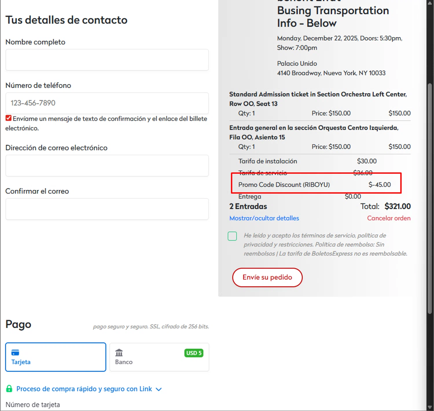 BoletosExpress promo code screenshot showing code RIBOYU applied at BoletosExpress checkout page. Uploaded by SimplyCodes community member PillarsofCreation on Dec 9, 2025