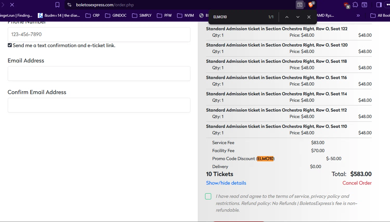 BoletosExpress promo code screenshot showing code ELMO10 applied at BoletosExpress checkout page. Uploaded by SimplyCodes community member RickhiK on Dec 29, 2025