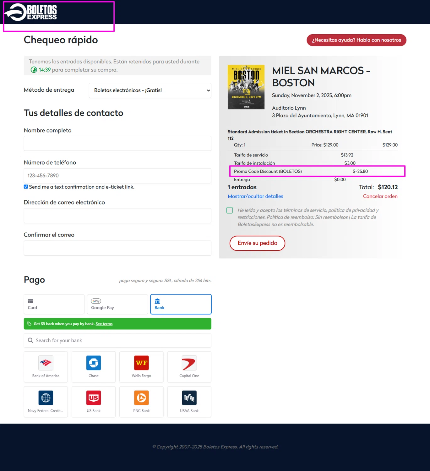 BoletosExpress promo code screenshot showing code BOLETOS applied at BoletosExpress checkout page. Uploaded by SimplyCodes community member mrdarcy on Oct 16, 2025