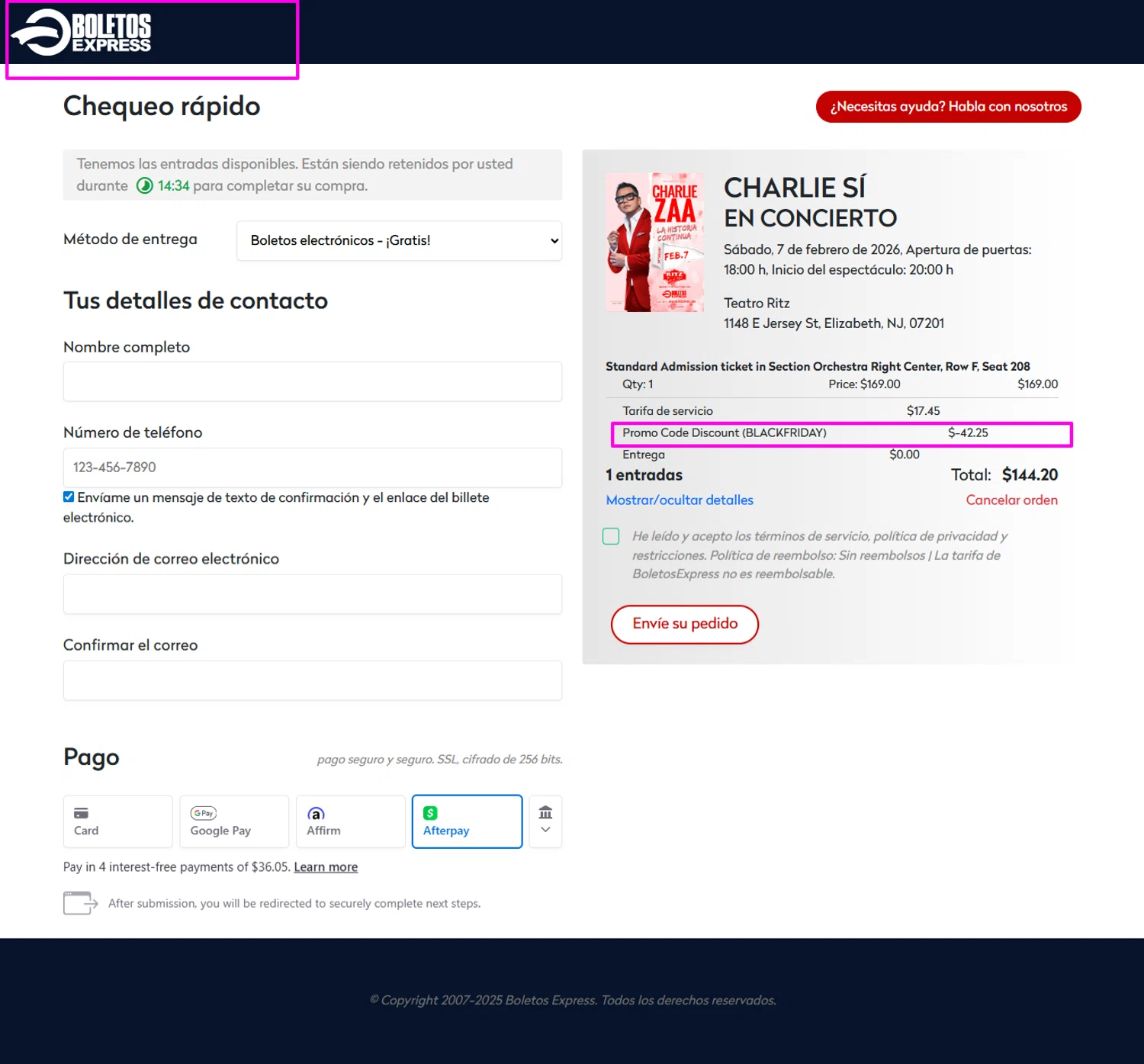 BoletosExpress promo code screenshot showing code BLACKFRIDAY applied at BoletosExpress checkout page. Uploaded by SimplyCodes community member mrdarcy on Dec 2, 2025