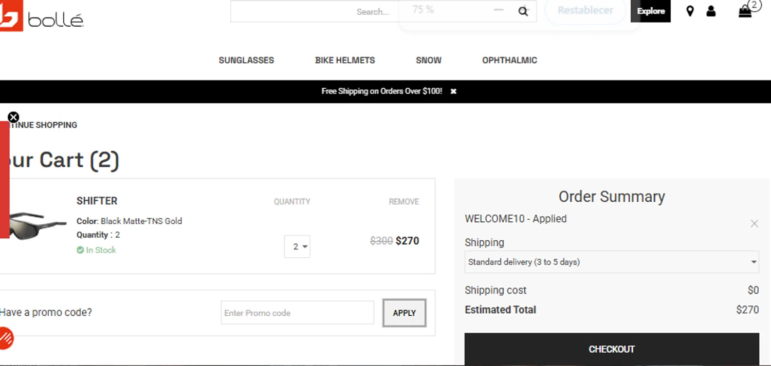 Bolle promo code screenshot showing code WELCOME10 applied at Bolle checkout page. Uploaded by SimplyCodes community member OsbelSanchez23 on Feb 12, 2025
