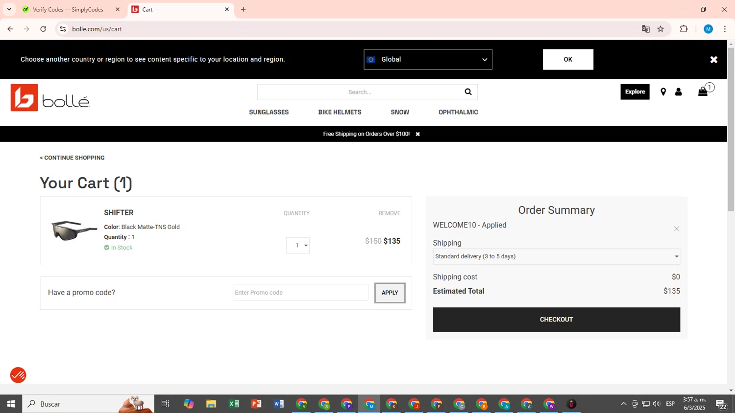 Bolle promo code screenshot showing code WELCOME10 applied at Bolle checkout page. Uploaded by SimplyCodes community member SaleScout7223 on Mar 6, 2025