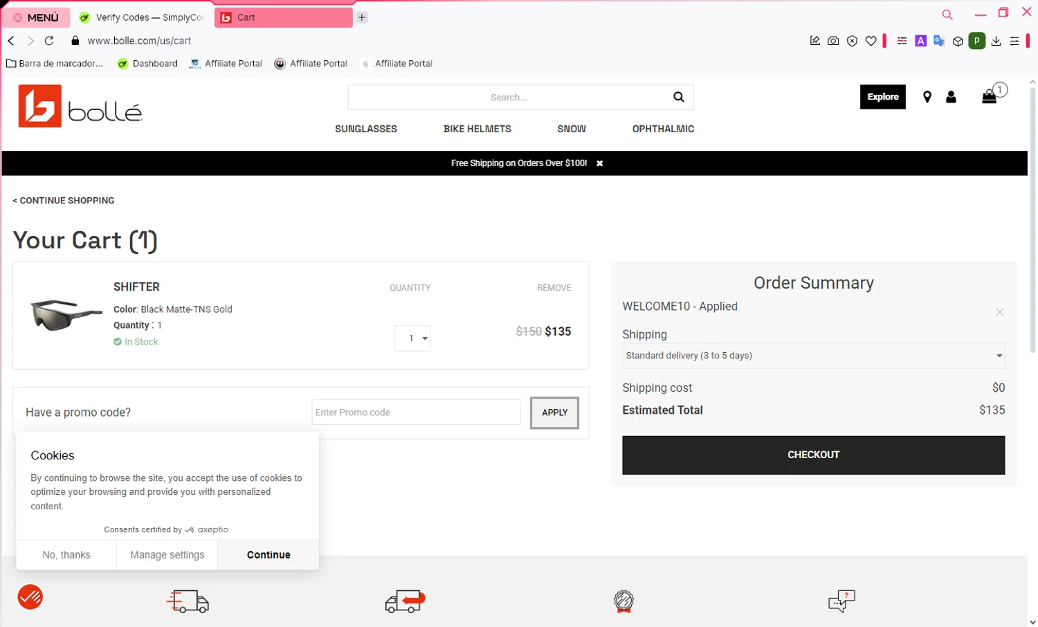Bolle promo code screenshot showing code WELCOME10 applied at Bolle checkout page. Uploaded by SimplyCodes community member WonderWarden4709 on Feb 26, 2025