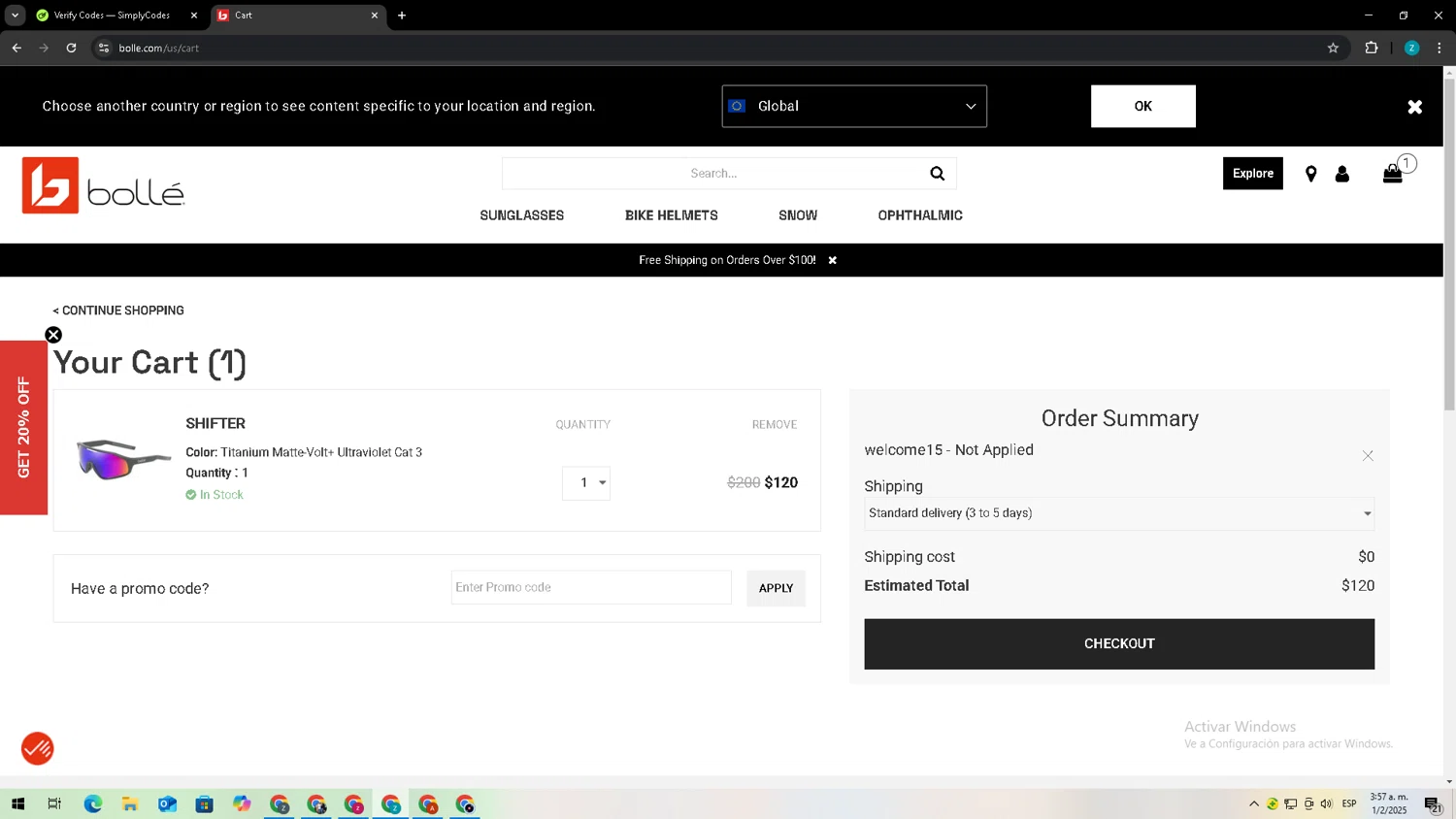 Bolle promo code screenshot showing code welcome15 applied at Bolle checkout page. Uploaded by SimplyCodes community member Zxdqui on Feb 1, 2025