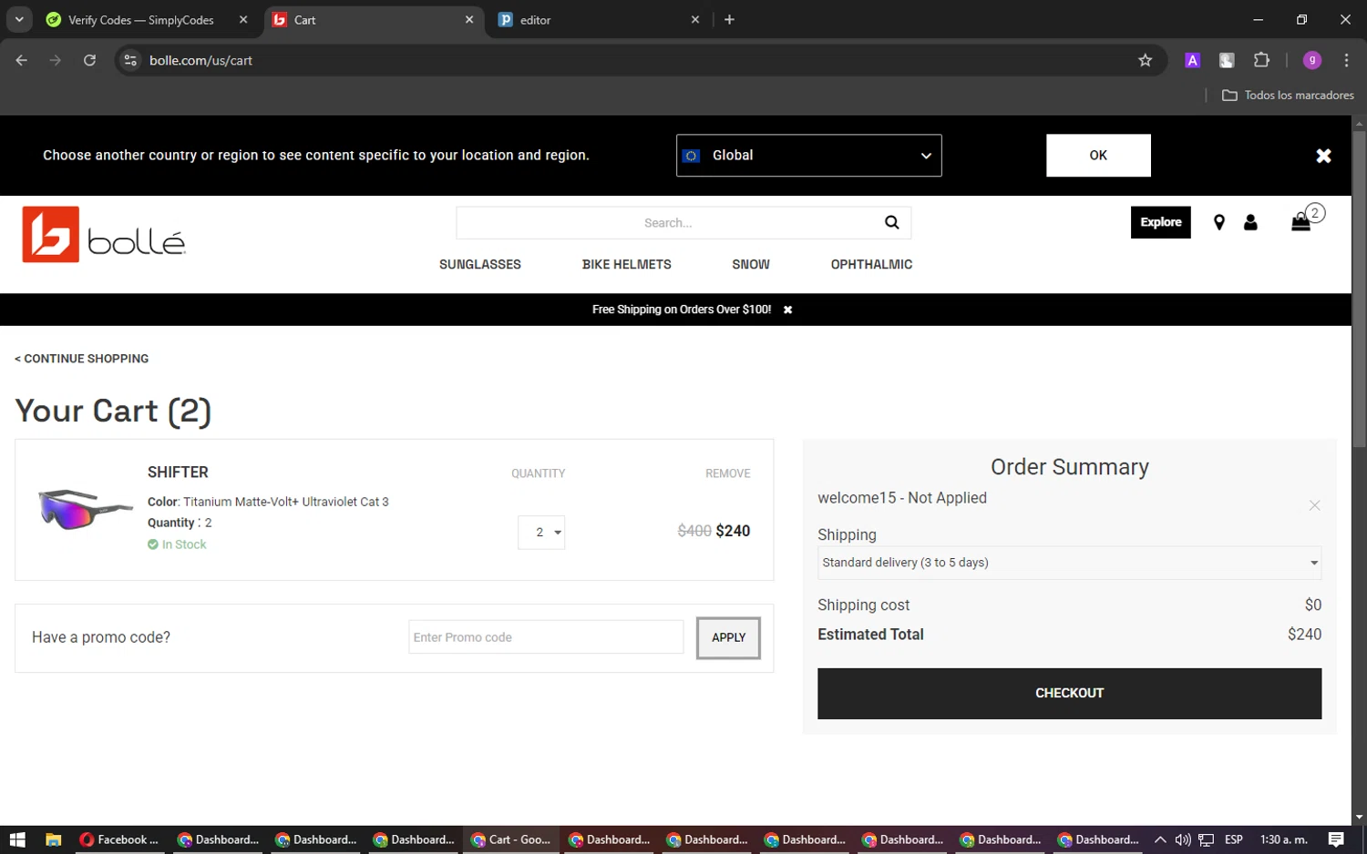 Bolle promo code screenshot showing code welcome15 applied at Bolle checkout page. Uploaded by SimplyCodes community member DealPilot7721 on Jan 14, 2025