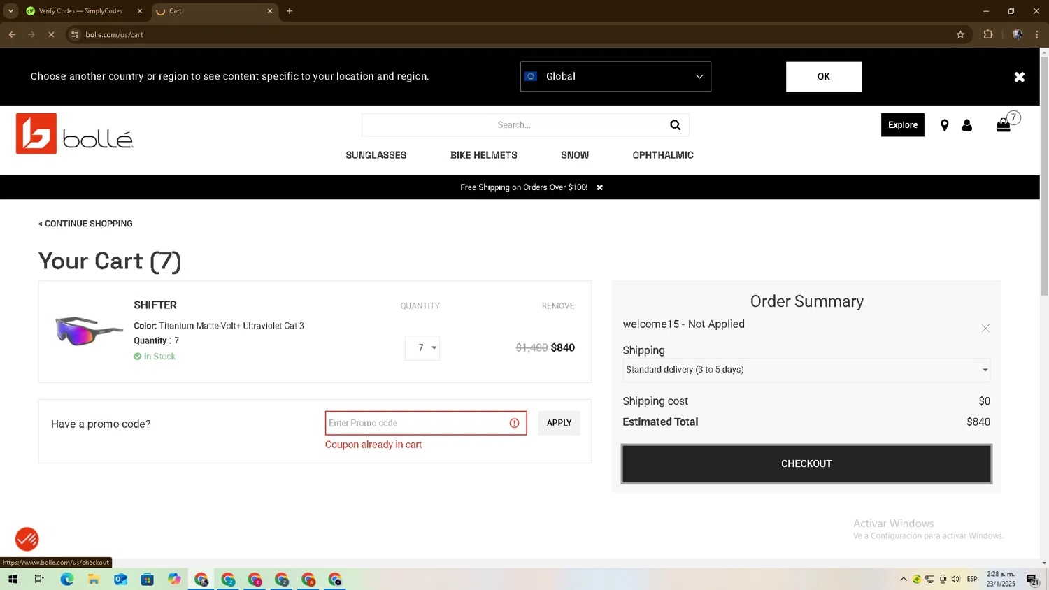 Bolle promo code screenshot showing code welcome15 applied at Bolle checkout page. Uploaded by SimplyCodes community member zadquiel on Jan 23, 2025