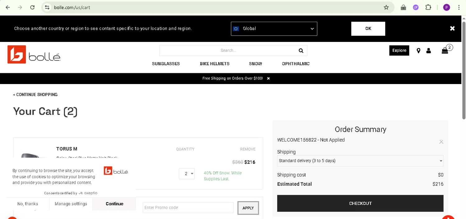 Bolle promo code screenshot showing code WELCOME156822 applied at Bolle checkout page. Uploaded by SimplyCodes community member TreasureMaverick5280 on Jul 23, 2025