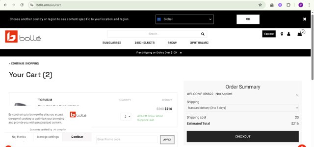 Bolle checkout page showing Bolle promo code box | Screenshot taken by SimplyCodes community member on Jul 23, 2025
