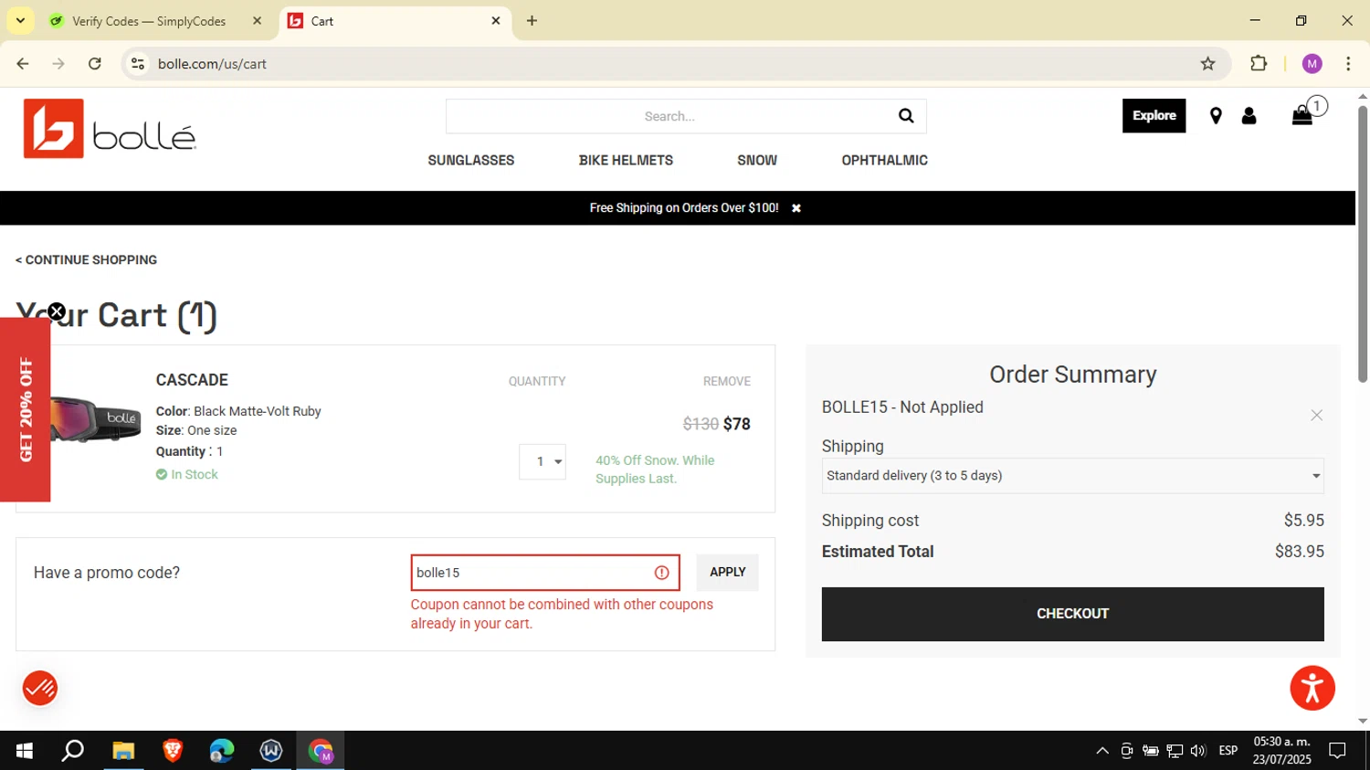Bolle promo code screenshot showing code bolle15 applied at Bolle checkout page. Uploaded by SimplyCodes community member NobleSeeker3177 on Jul 23, 2025