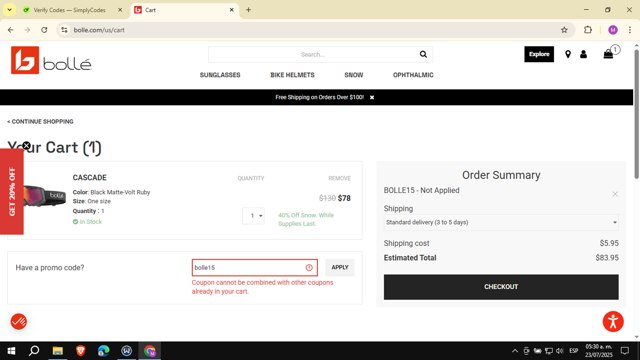 Bolle checkout page showing Bolle promo code box | Screenshot taken by SimplyCodes community member on Jul 23, 2025