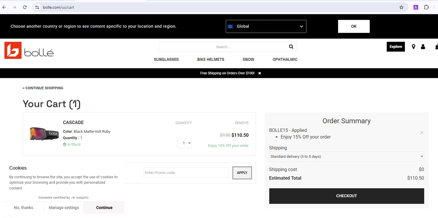 Bolle promo code screenshot showing code bolle15 applied at Bolle checkout page. Uploaded by SimplyCodes community member BonusShopper7805 on Mar 17, 2025