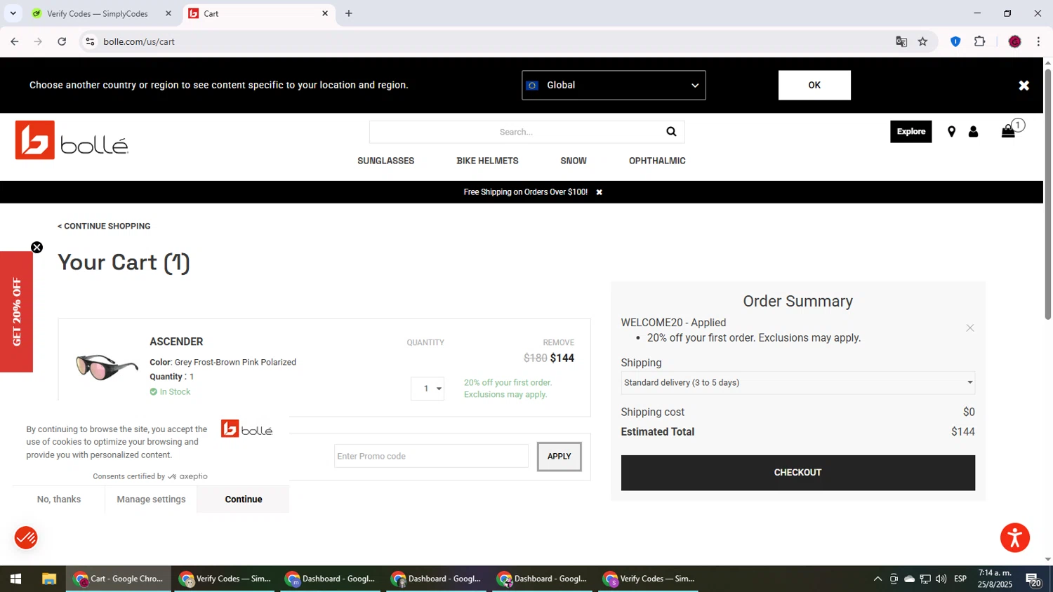 Bolle promo code screenshot showing code WELCOME20 applied at Bolle checkout page. Uploaded by SimplyCodes community member MightyLegend6657 on Aug 25, 2025