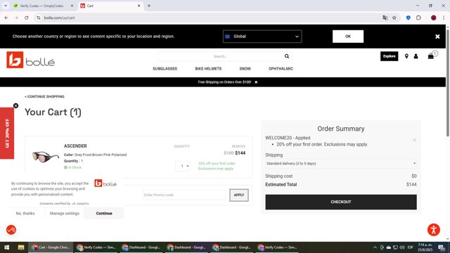 Bolle checkout page showing Bolle promo code box | Screenshot taken by SimplyCodes community member on Aug 25, 2025