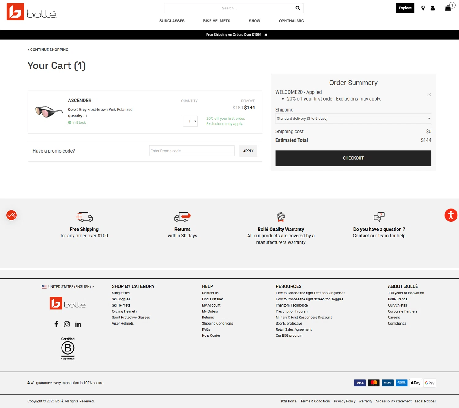 Bolle promo code screenshot showing code WELCOME20 applied at Bolle checkout page. Uploaded by SimplyCodes community member Serdanvz on Aug 16, 2025