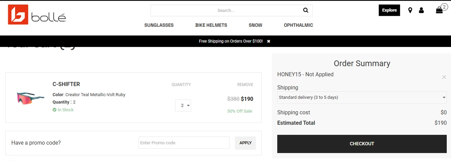 Bolle promo code screenshot showing code HONEY15 applied at Bolle checkout page. Uploaded by SimplyCodes community member ashe1986 on Aug 14, 2025