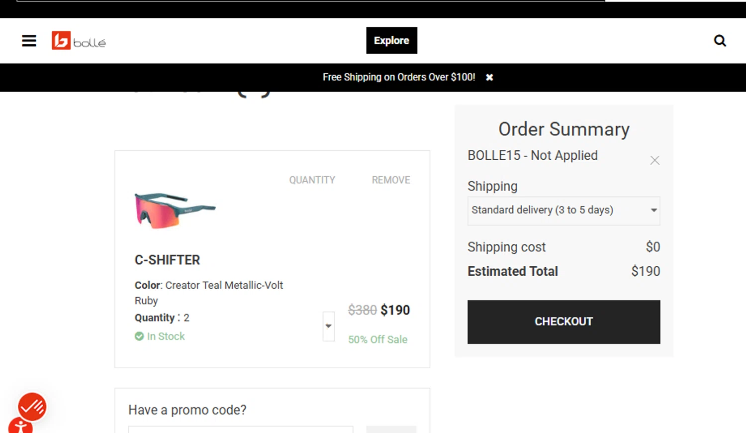 Bolle promo code screenshot showing code BOLLE15 applied at Bolle checkout page. Uploaded by SimplyCodes community member ashe1986 on Jul 23, 2025