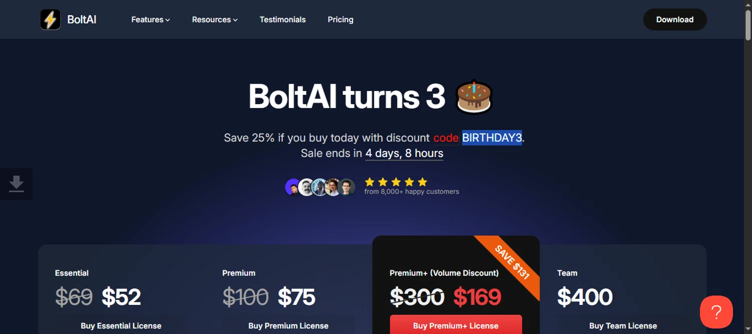 BoltAI discount code screenshot showing code BIRTHDAY3 applied at BoltAI checkout page. Uploaded by SimplyCodes community member 111111 on Apr 21, 2025