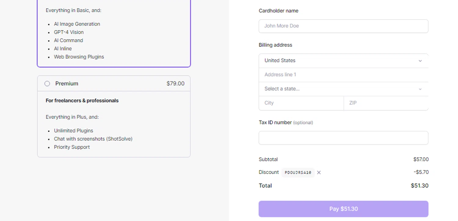 BoltAI checkout page showing BoltAI discount code box | Screenshot taken by SimplyCodes community member on Aug 1, 2024