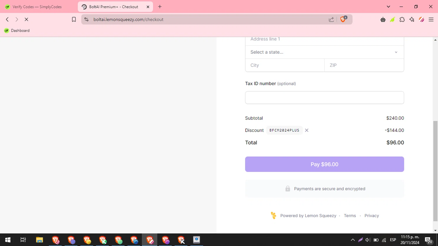 BoltAI checkout page showing BoltAI discount code box | Screenshot taken by SimplyCodes community member on Nov 21, 2024