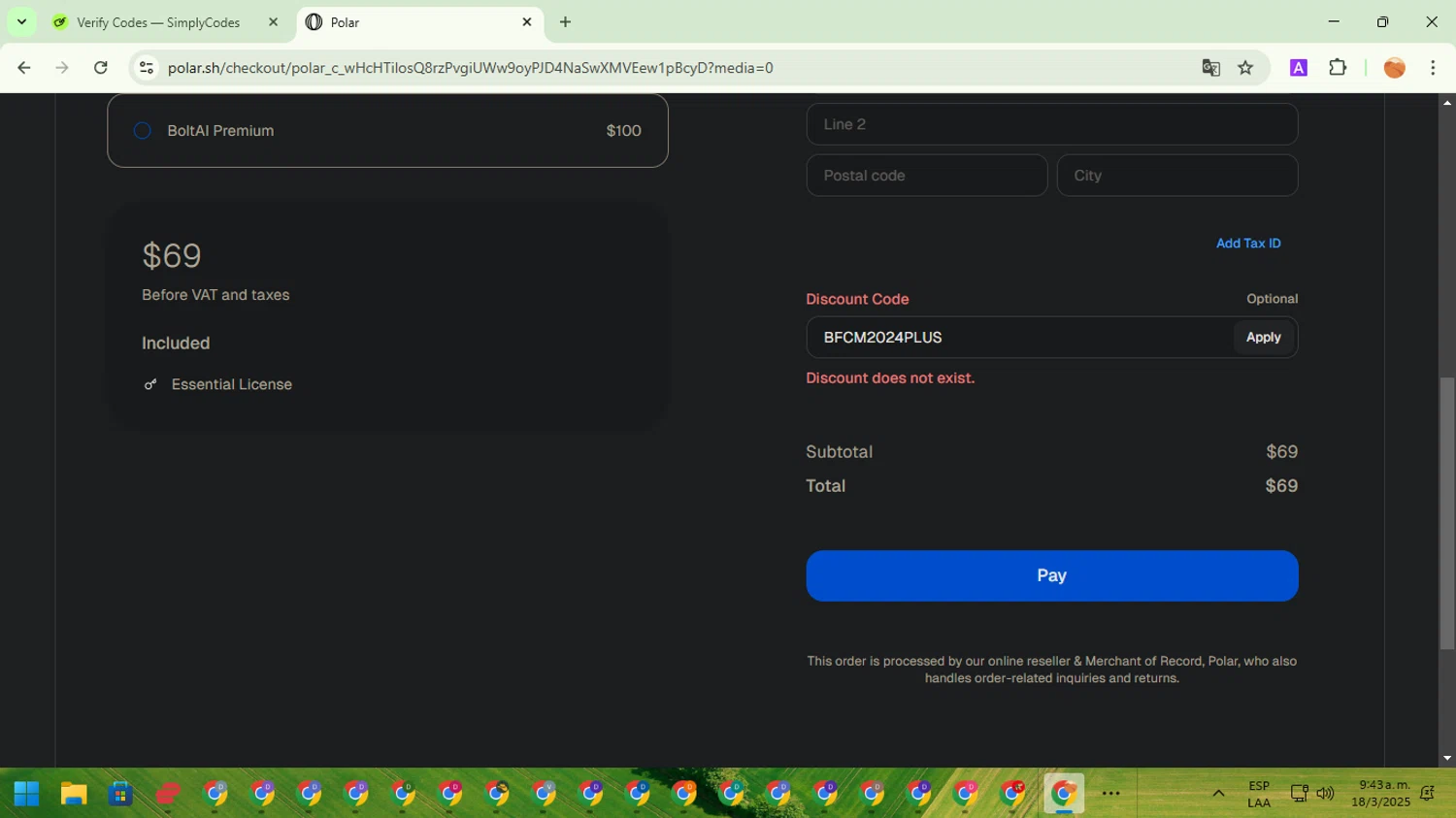 BoltAI discount code screenshot showing code BFCM2024PLUS applied at BoltAI checkout page. Uploaded by SimplyCodes community member TreasureSentinel5290 on Mar 18, 2025