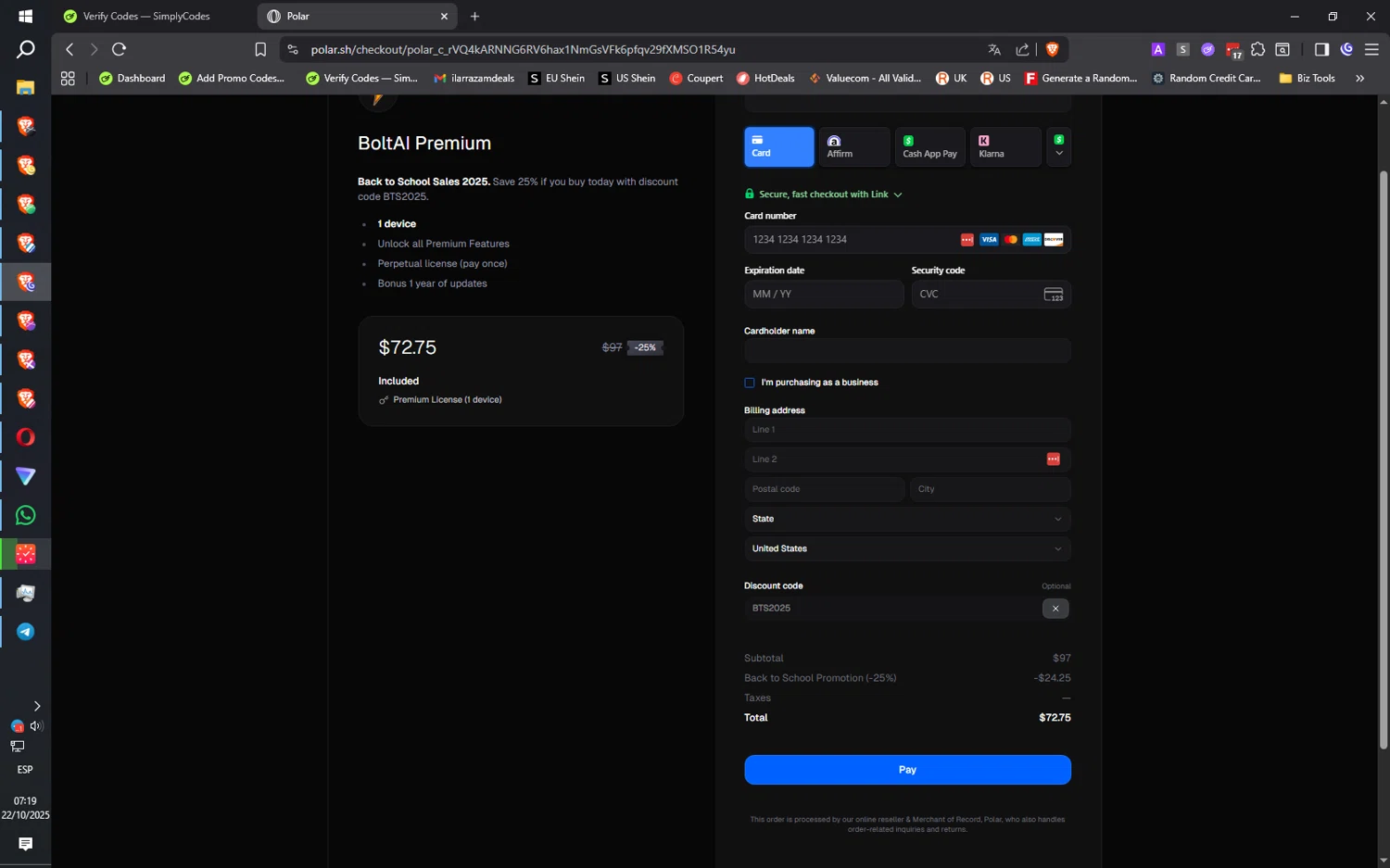 BoltAI discount code screenshot showing code BTS2025 applied at BoltAI checkout page. Uploaded by SimplyCodes community member ilarrazaM4 on Oct 22, 2025