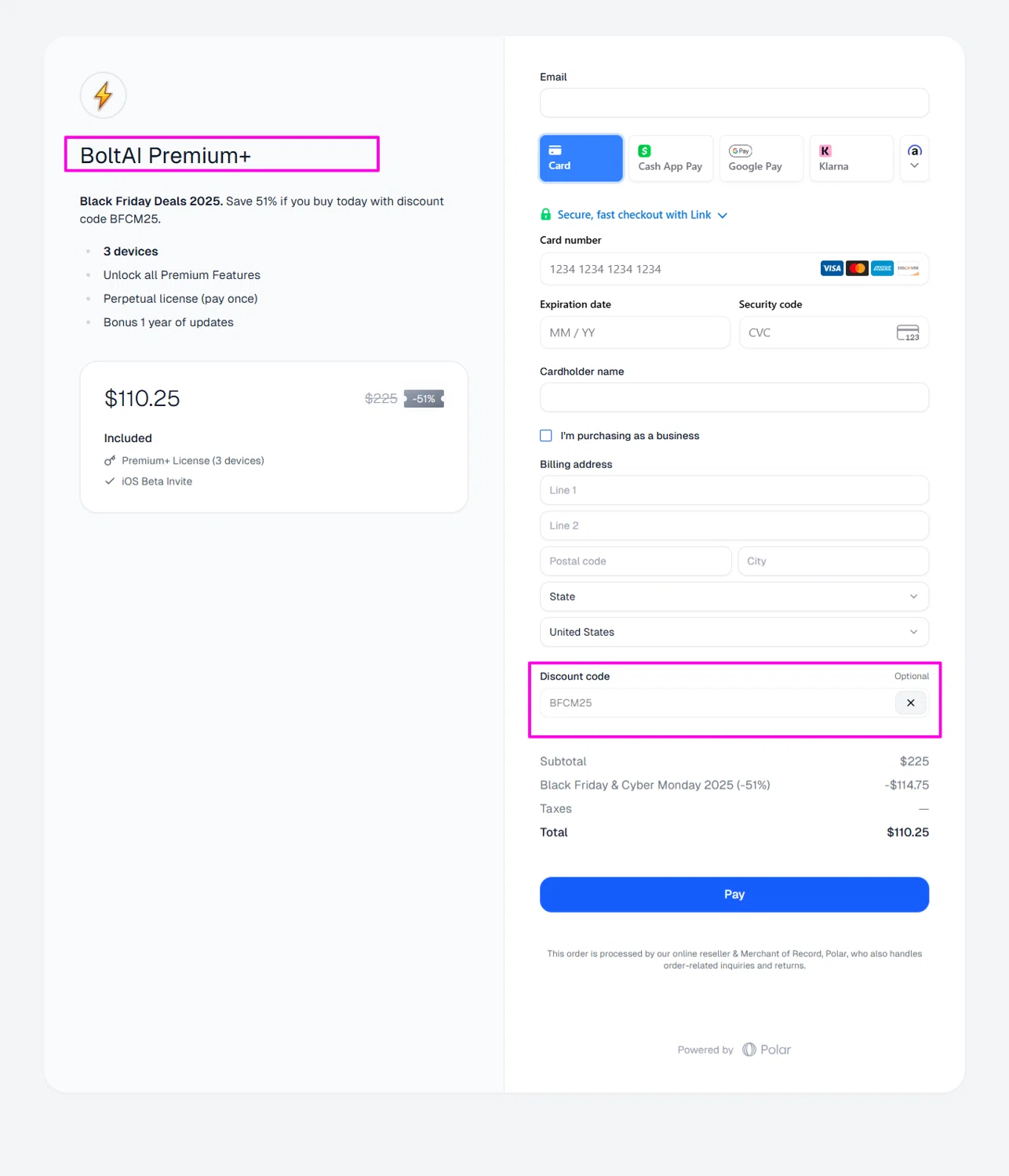 BoltAI discount code screenshot showing code BFCM25 applied at BoltAI checkout page. Uploaded by SimplyCodes community member mrdarcy on Nov 13, 2025