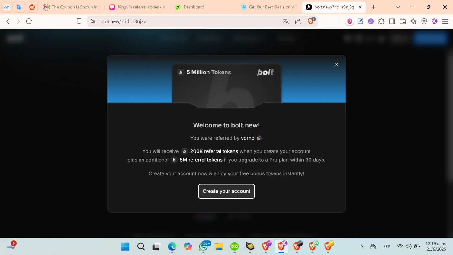 Bolt.new checkout page showing Bolt.new promo code box | Screenshot taken by SimplyCodes community member on Jun 21, 2025