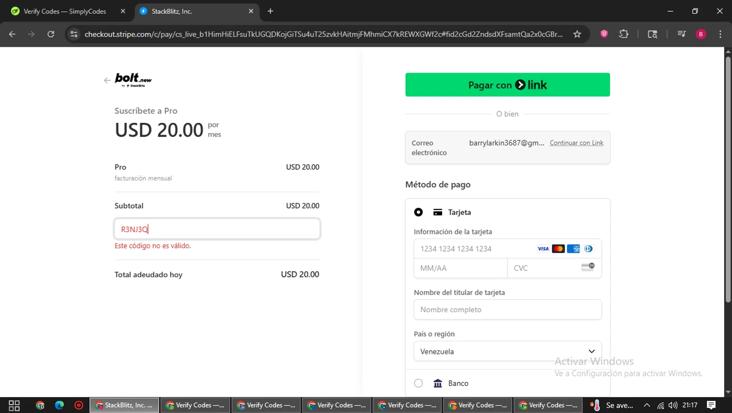 Bolt.new promo code screenshot showing code r3nj3q applied at Bolt.new checkout page. Uploaded by SimplyCodes community member SwiftSage1747 on Jul 1, 2025