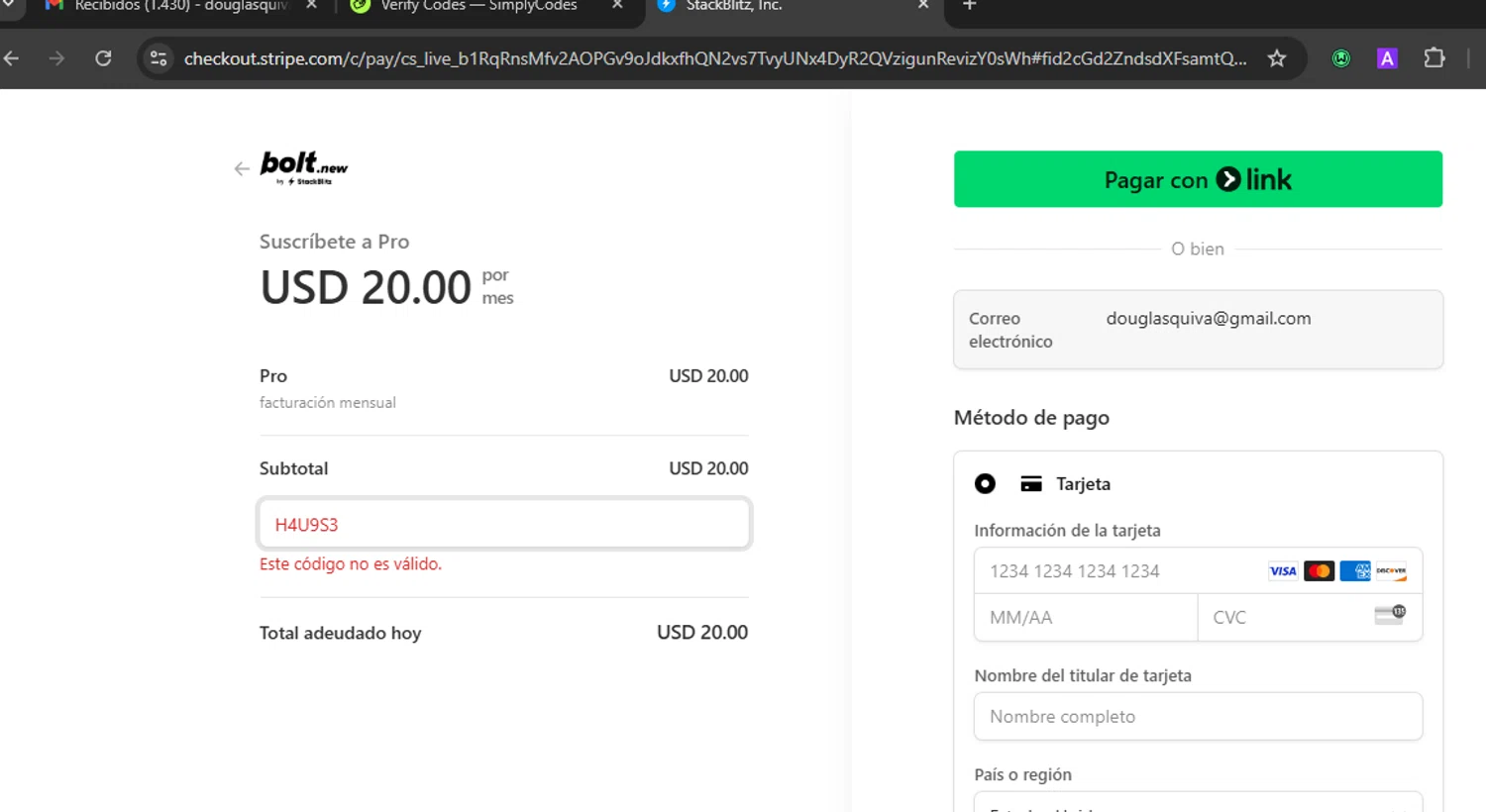 Bolt.new promo code screenshot showing code h4u9s3 applied at Bolt.new checkout page. Uploaded by SimplyCodes community member WiseLegend5590 on Jul 5, 2025