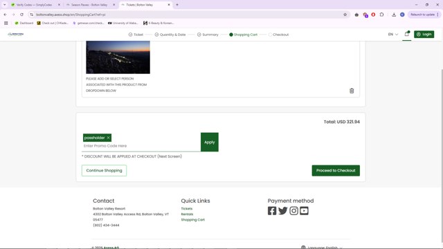 Bolton Valley checkout page showing Bolton Valley promo code box | Screenshot taken by SimplyCodes community member on Apr 17, 2025