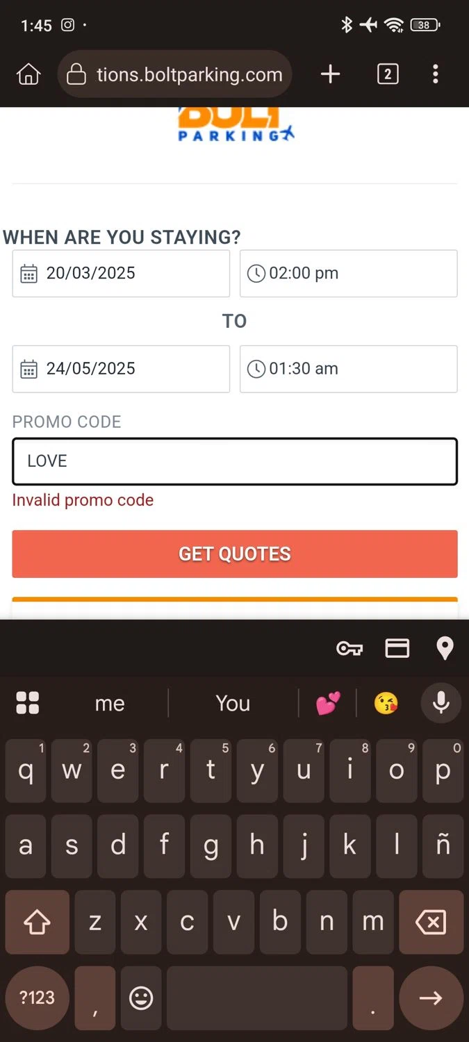 Bolt Parking promo code screenshot showing code LOVE applied at Bolt Parking checkout page. Uploaded by SimplyCodes community member Willfrenny_18 on Mar 19, 2025