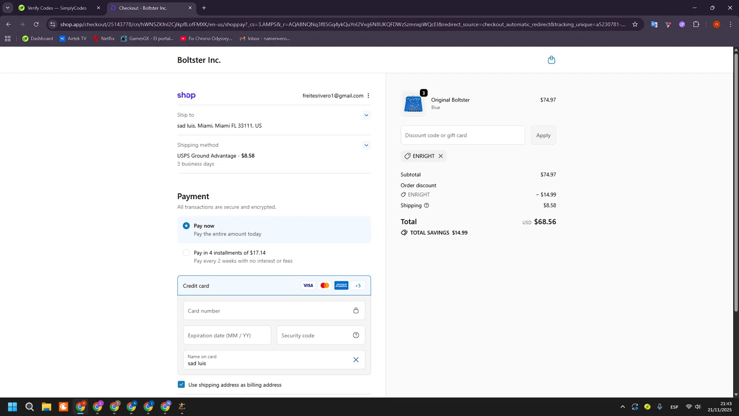 Boltster promo code screenshot showing code ENRIGHT applied at Boltster checkout page. Uploaded by SimplyCodes community member BudgetShopper182 on Nov 22, 2025