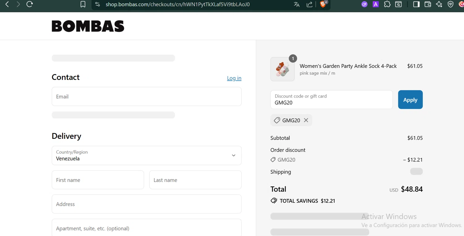 Bombas discount code screenshot showing code GMG20 applied at Bombas checkout page. Uploaded by SimplyCodes community member PennyCaptain4684 on Aug 4, 2025
