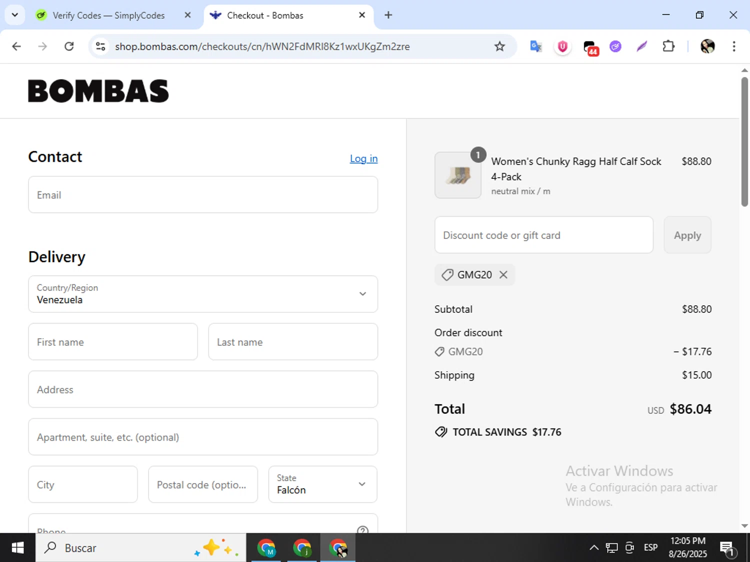 Bombas discount code screenshot showing code GMG20 applied at Bombas checkout page. Uploaded by SimplyCodes community member mariapolancog on Aug 26, 2025