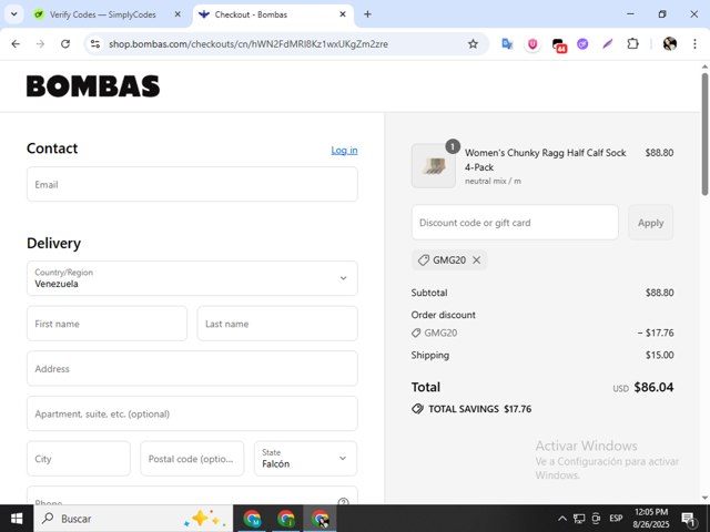 Bombas checkout page showing Bombas discount code box | Screenshot taken by SimplyCodes community member on Aug 26, 2025
