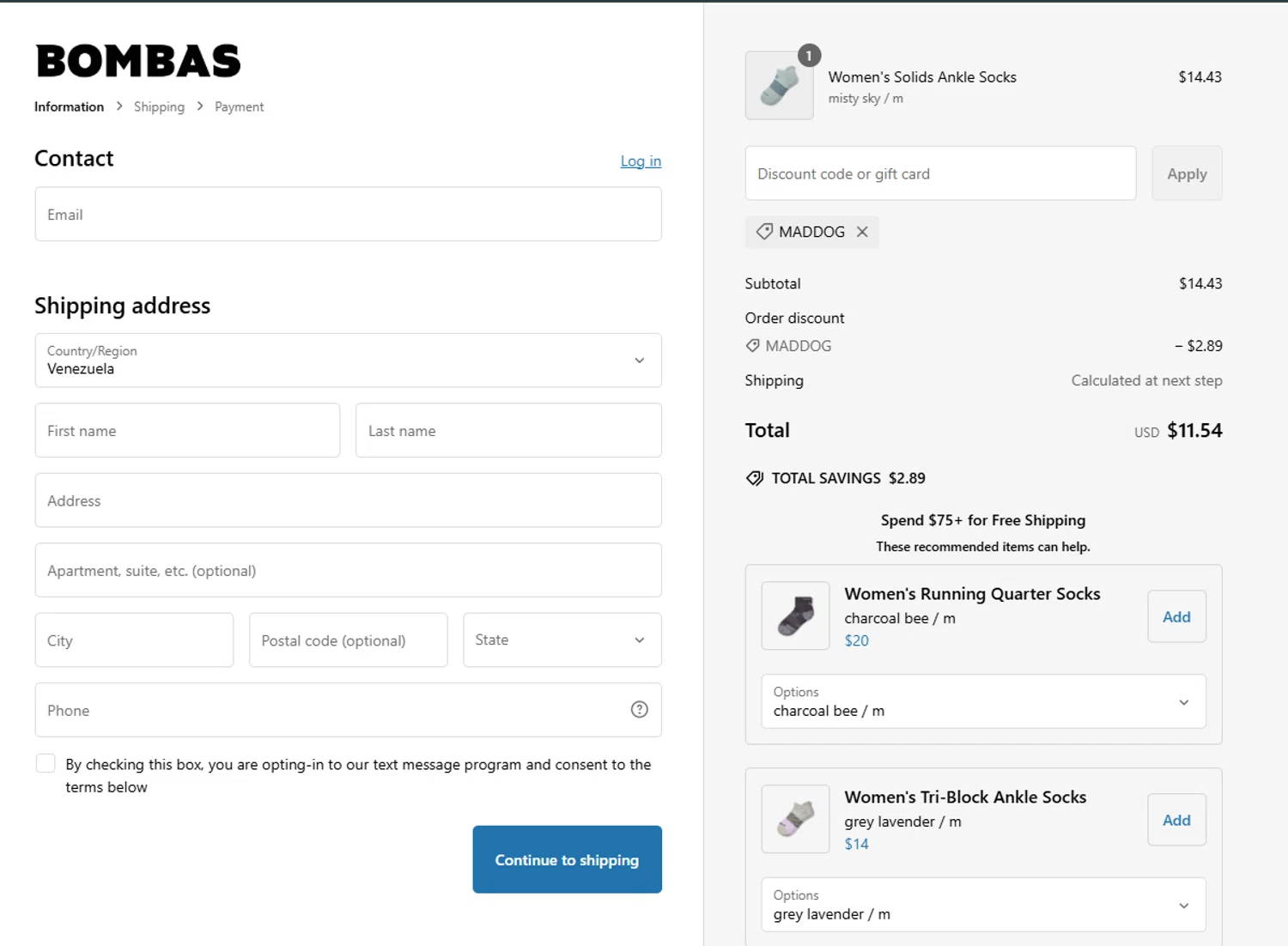Bombas discount code screenshot showing code MADDOG applied at Bombas checkout page. Uploaded by SimplyCodes community member KevLapage on Feb 15, 2025
