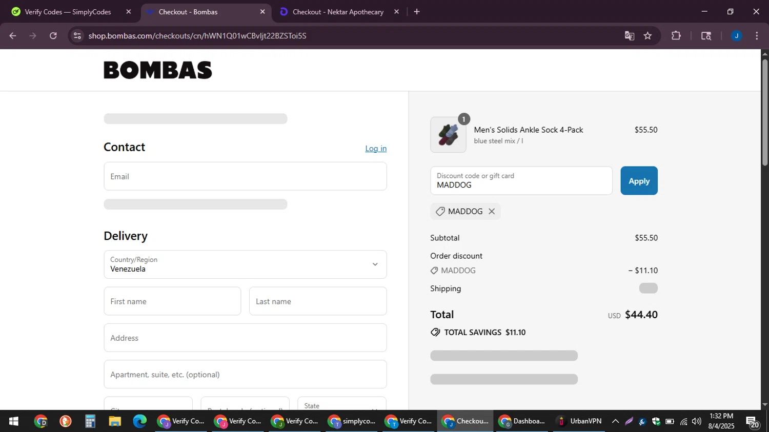 Bombas discount code screenshot showing code MADDOG applied at Bombas checkout page. Uploaded by SimplyCodes community member noesmith34ur on Aug 4, 2025