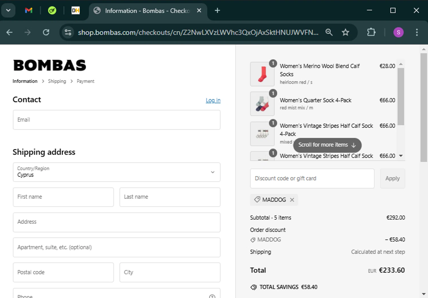 Bombas discount code screenshot showing code MADDOG applied at Bombas checkout page. Uploaded by SimplyCodes community member tinkle_tinkle on Feb 7, 2025